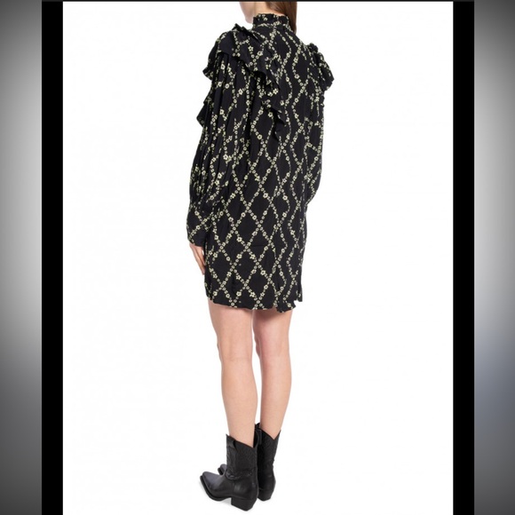 Ganni Crepe Margarita Black Mini Dress with Green Floral Lattice - Picture 6 of 17